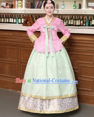 Korean Traditional Costumes Asian Korean Hanbok Palace Bride Embroidered Pink Blouse and Green Skirt for Women