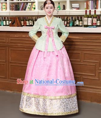 Korean Traditional Costumes Asian Korean Hanbok Palace Bride Embroidered Green Blouse and Pink Skirt for Women