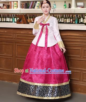 Korean Traditional Costumes Asian Korean Hanbok Palace Bride Embroidered White Blouse and Rosy Skirt for Women