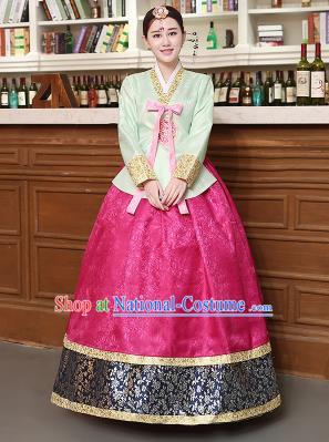 Korean Traditional Costumes Asian Korean Hanbok Palace Bride Embroidered Green Blouse and Rosy Skirt for Women