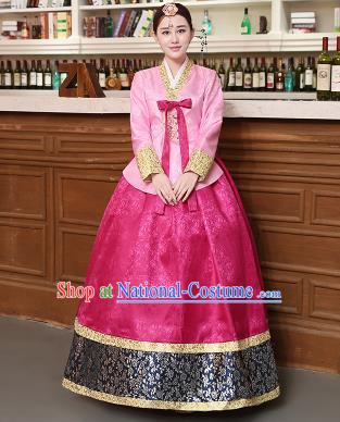 Korean Traditional Costumes Asian Korean Hanbok Palace Bride Embroidered Pink Blouse and Rosy Skirt for Women