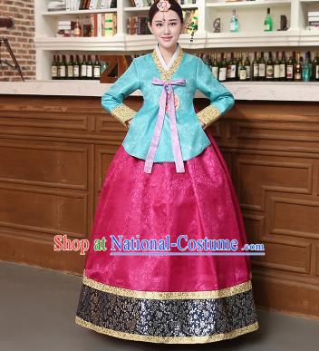 Korean Traditional Costumes Asian Korean Hanbok Palace Bride Embroidered Blue Blouse and Rosy Skirt for Women