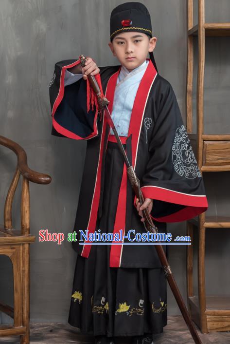 Traditional Chinese Ancient Scholar Black Costumes Han Dynasty Minister Clothing for Kids