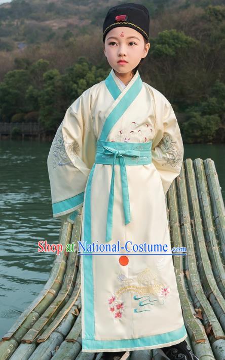 Traditional Chinese Ancient Scholar Costumes Han Dynasty Minister White Embroidered Robe for Kids