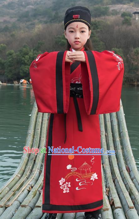 Traditional Chinese Ancient Scholar Costumes Han Dynasty Minister Red Embroidered Robe for Kids