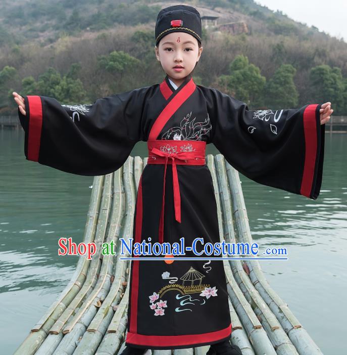 Traditional Chinese Ancient Scholar Costumes Han Dynasty Minister Black Embroidered Robe for Kids