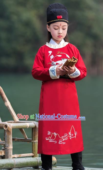 Traditional Chinese Ancient Scholar Costumes Tang Dynasty Swordsman Red Embroidered Robe for Kids