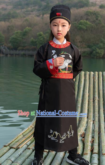 Traditional Chinese Ancient Scholar Costumes Tang Dynasty Swordsman Black Embroidered Robe for Kids