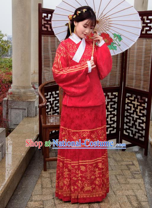 Traditional Chinese Ancient Hanfu Dress Ming Dynasty Princess Costumes Red Blouse and Skirt for Women