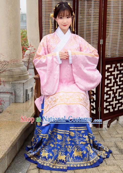 Traditional Chinese Ancient Ming Dynasty Palace Princess Costumes Pink Cloak and Blue Skirt for Women