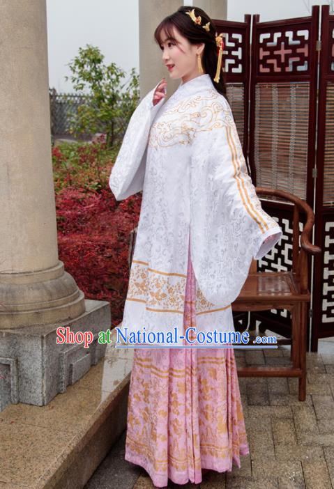 Traditional Chinese Ancient Ming Dynasty Palace Princess Costumes White Cloak and Pink Skirt for Women