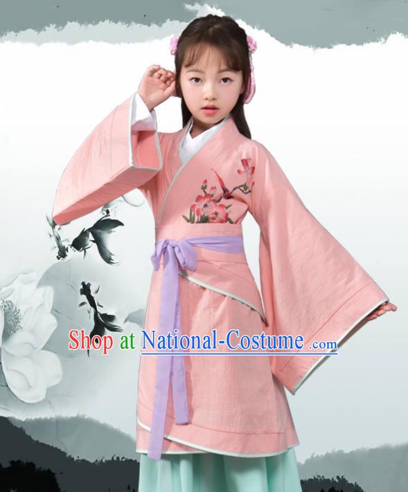 Traditional Chinese Ancient Han Dynasty Princess Costume Pink Curving-front Robe for Kids