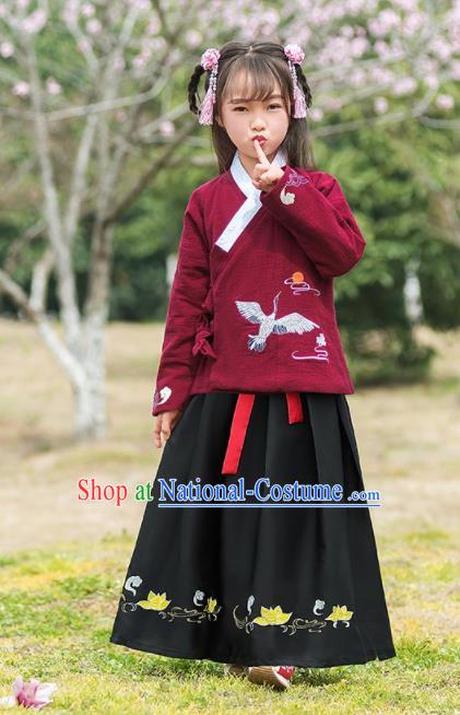 Traditional Chinese Ancient Ming Dynasty Costumes Wine Red Blouse and Black Skirt for Kids