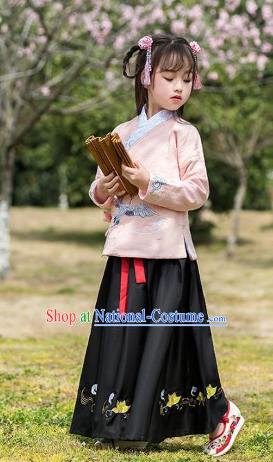 Traditional Chinese Ancient Ming Dynasty Costumes Pink Blouse and Black Skirt for Kids