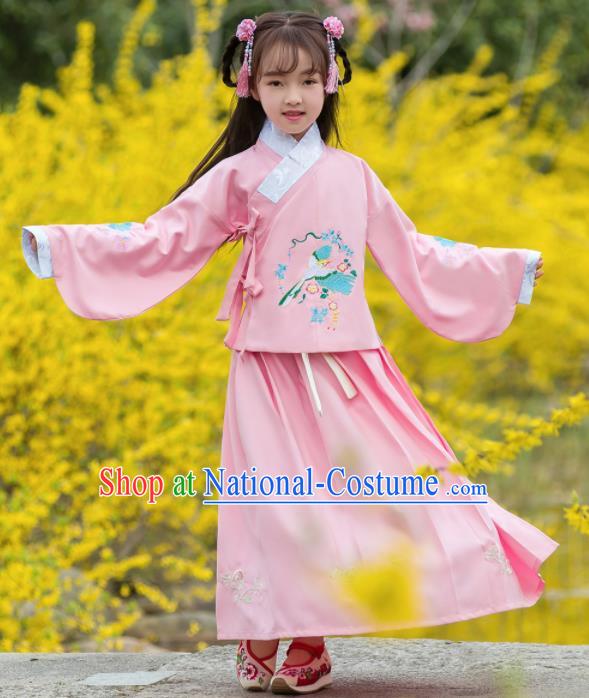 Traditional Chinese Ancient Ming Dynasty Princess Costumes Pink Blouse and Skirt for Kids