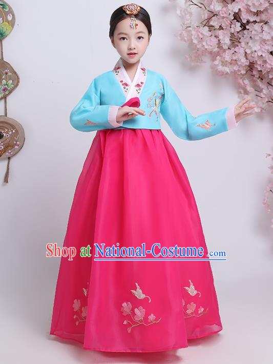 Asian Korean Traditional Costumes Korean Hanbok Blue Blouse and Rosy Skirt for Kids