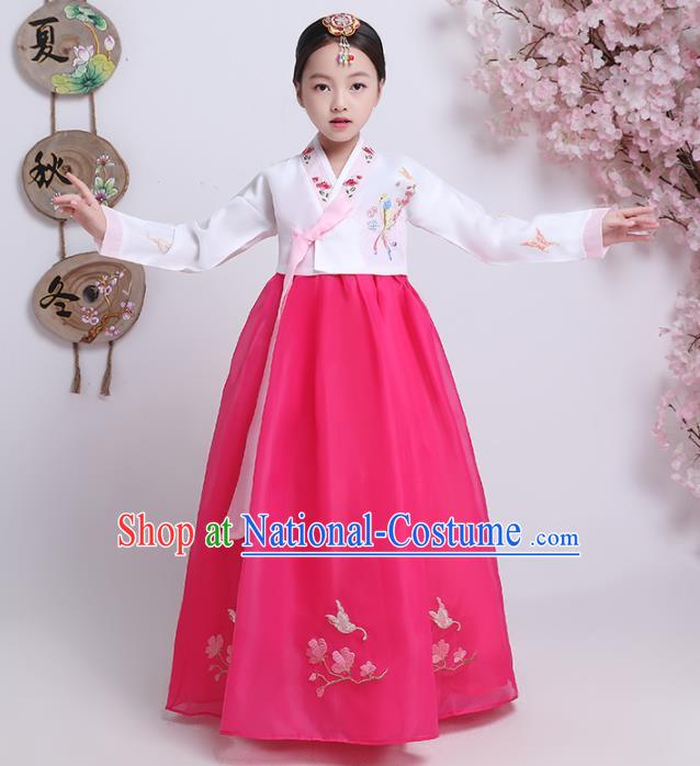 Asian Korean Traditional Costumes Korean Hanbok White Blouse and Rosy Skirt for Kids