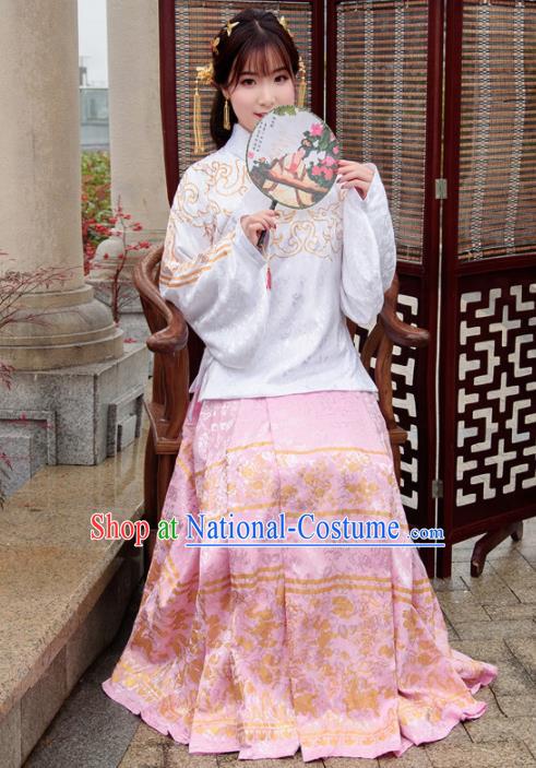 Traditional Chinese Ancient Hanfu Dress Ming Dynasty Princess Costumes White Blouse and Pink Skirt for Women