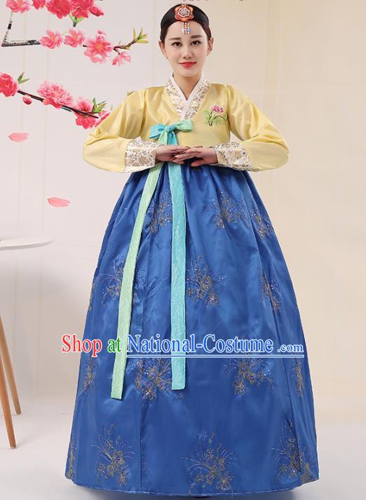 Korean Traditional Palace Costumes Asian Korean Hanbok Bride Embroidered Yellow Blouse and Blue Skirt for Women