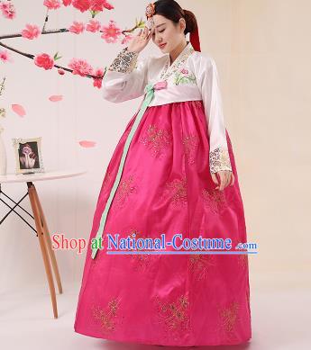 Korean Traditional Palace Costumes Asian Korean Hanbok Bride Embroidered White Blouse and Rosy Skirt for Women