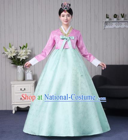 Traditional Korean Palace Costumes Asian Korean Hanbok Bride Pink Blouse and Green Skirt for Women