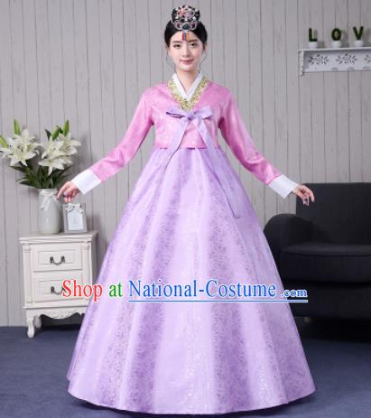 Traditional Korean Palace Costumes Asian Korean Hanbok Bride Pink Blouse and Lilac Skirt for Women