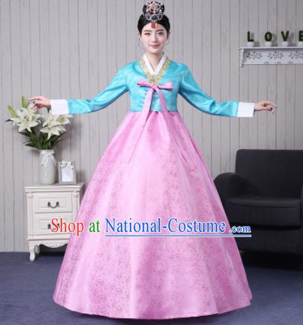 Traditional Korean Palace Costumes Asian Korean Hanbok Bride Blue Blouse and Pink Skirt for Women