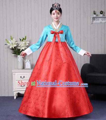 Traditional Korean Palace Costumes Asian Korean Hanbok Bride Blue Blouse and Red Skirt for Women