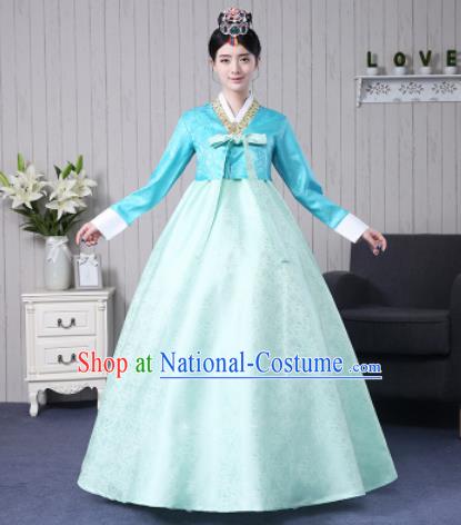 Traditional Korean Palace Costumes Asian Korean Hanbok Bride Blue Blouse and Green Skirt for Women