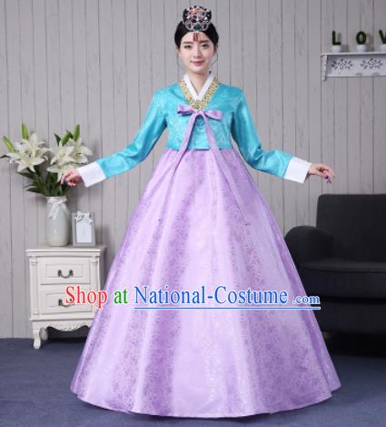 Traditional Korean Palace Costumes Asian Korean Hanbok Bride Blue Blouse and Lilac Skirt for Women