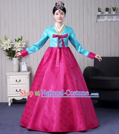 Traditional Korean Palace Costumes Asian Korean Hanbok Bride Blue Blouse and Rosy Skirt for Women