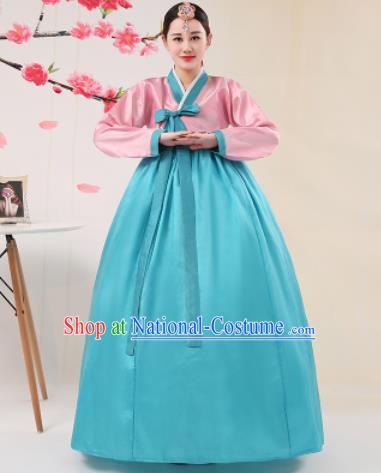 Korean Traditional Palace Costumes Asian Korean Hanbok Bride Pink Blouse and Blue Skirt for Women