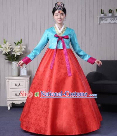 Traditional Korean Palace Costumes Asian Korean Hanbok Blue Blouse and Red Skirt for Women