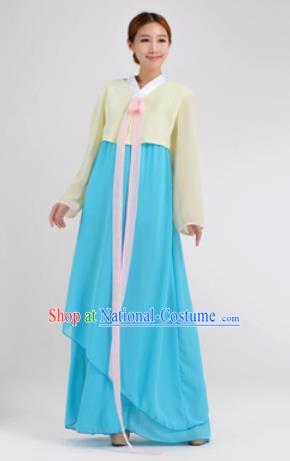 Traditional Korean Costumes Asian Korean Hanbok Yellow Blouse and Blue Skirt for Women