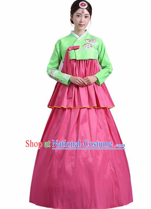 Traditional Korean Costumes Asian Korean Palace Hanbok Green Blouse and Pink Skirt for Women