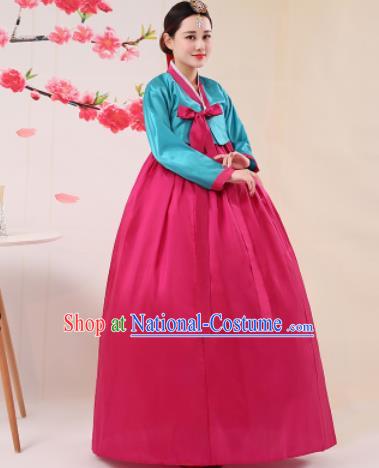 Korean Traditional Palace Costumes Asian Korean Hanbok Bride Blue Blouse and Rosy Skirt for Women