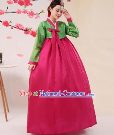 Korean Traditional Palace Costumes Asian Korean Hanbok Bride Green Blouse and Rosy Skirt for Women