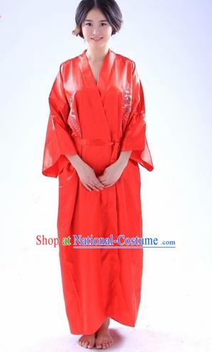 Traditional Japanese Costumes Asian Japan Kimono Red Silk Yukata for Women