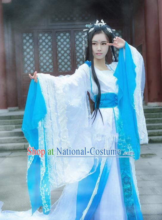 Chinese Ancient Cosplay Peri Swordswoman Blue Hanfu Dress Traditional Han Dynasty Princess Costume for Women