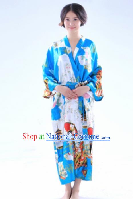 Traditional Japanese Costumes Asian Japan Kimono Printing Blue Yukata for Women