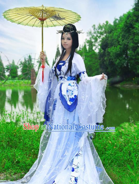 Chinese Ancient Cosplay Peri Princess Blue Hanfu Dress Traditional Tang Dynasty Swordswoman Costume for Women