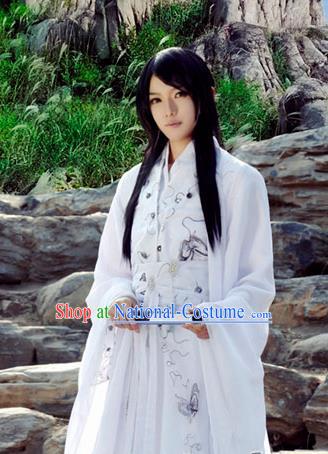 Chinese Ancient Swordsman White Hanfu Han Dynasty Nobility Childe Costume for Men