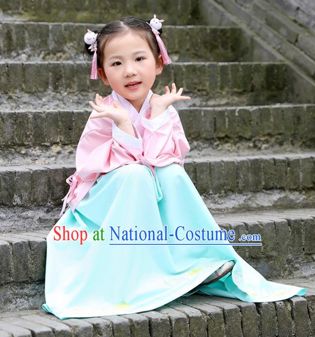 Traditional Chinese Ancient Ming Dynasty Costumes Pink Blouse and Green Skirt for Kids