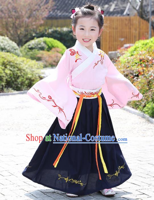 Traditional Chinese Ancient Ming Dynasty Costumes Pink Blouse and Navy Skirt for Kids