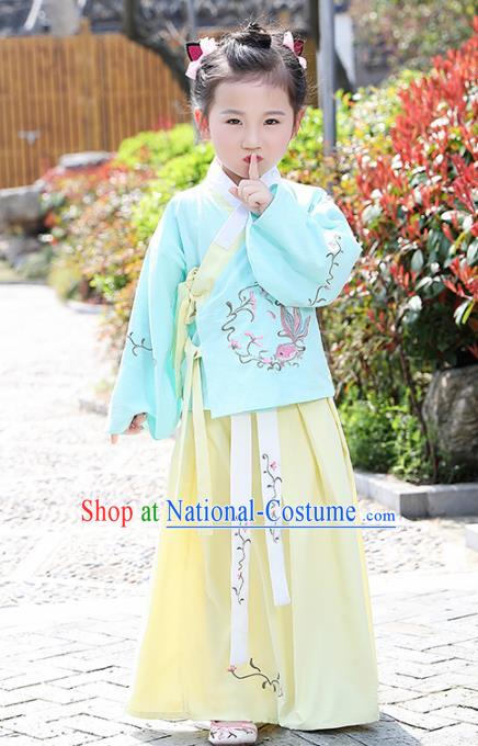 Traditional Chinese Ancient Ming Dynasty Costumes Blue Blouse and Yellow Skirt for Kids