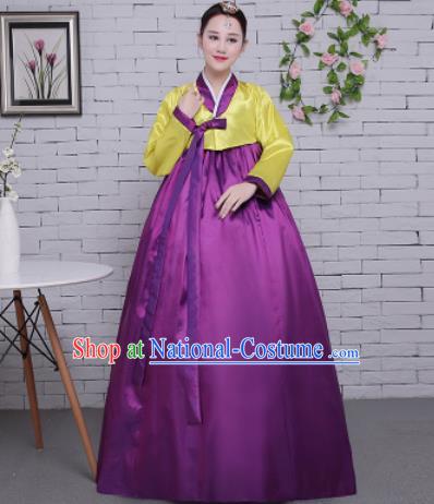 Korean Traditional Palace Costumes Asian Korean Hanbok Bride Yellow Blouse and Purple Skirt for Women