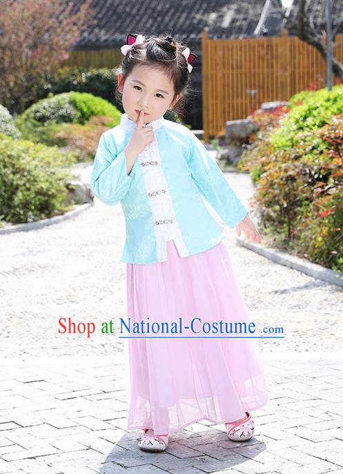 Chinese Ancient Ming Dynasty Costumes Traditional Green Blouse and Pink Skirt for Kids