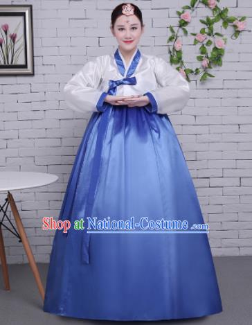 Korean Traditional Palace Costumes Asian Korean Hanbok Bride White Blouse and Blue Skirt for Women