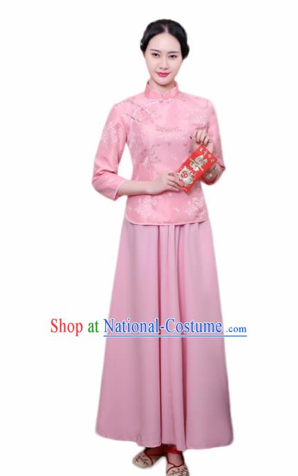 Chinese Ancient Nobility Lady Costumes Traditional Embroidered Pink Qipao Blouse and Skirt for Women