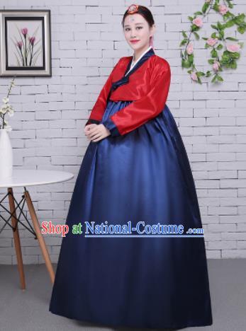 Korean Traditional Palace Costumes Asian Korean Hanbok Bride Red Blouse and Navy Skirt for Women